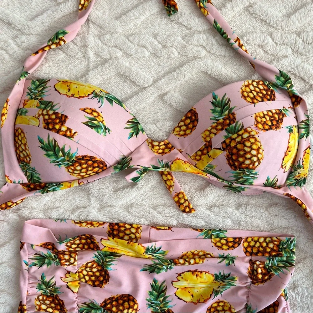COCOSHIP Womens 2 Piece Swimsuit Size 4X Pink Yellow Pineapples. Beach Summer